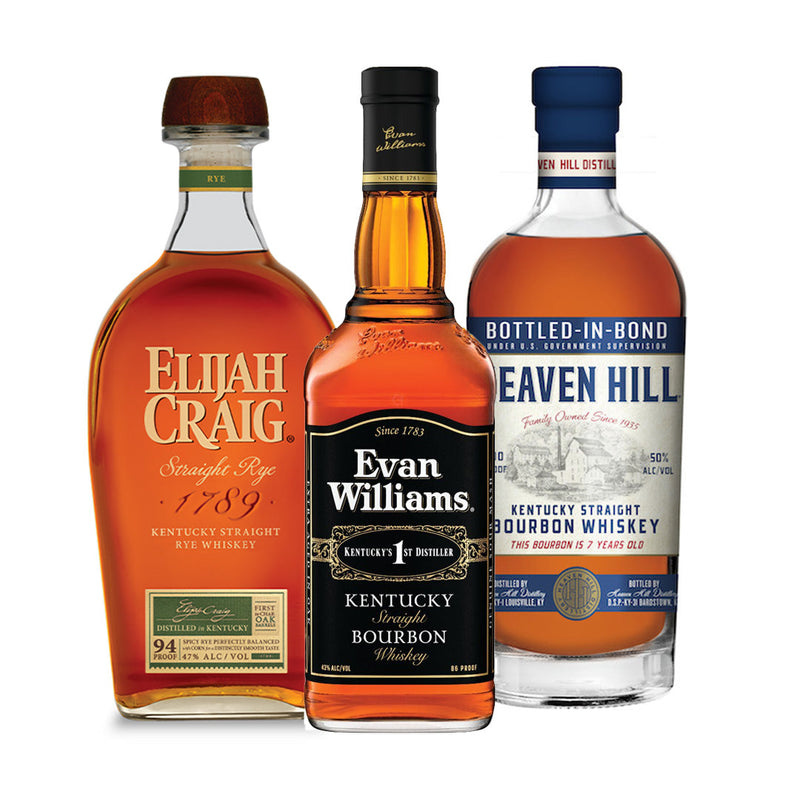 Heaven Hill 7 Year Old, Elijah Craig Rye, Evan Williams Black Label Bundle