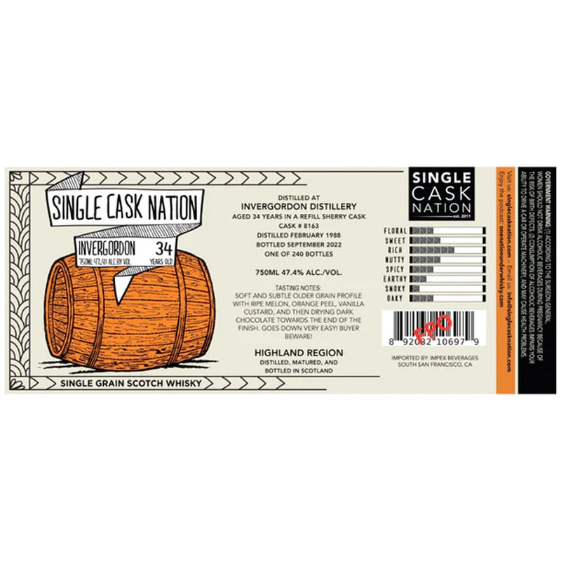 Single Cask Nation Invergordon 34 Year Old Single Grain Scotch Whisky