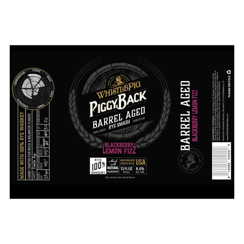 Whistlepig PiggyBack Barreled Age Rye Smash Canned Cocktail Blackberry Lemon Fizz